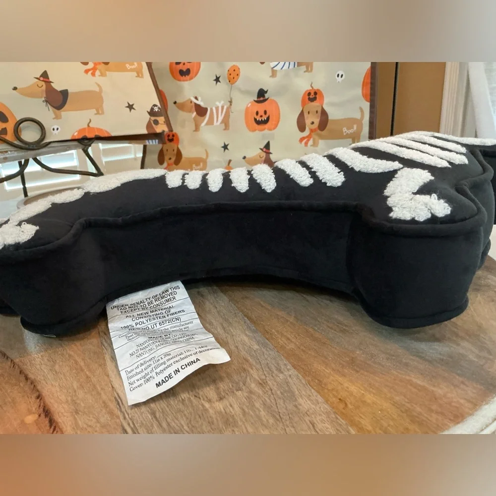 Dachshund Halloween skeleton pillow with 3D Chenille details Velvety Soft fabric